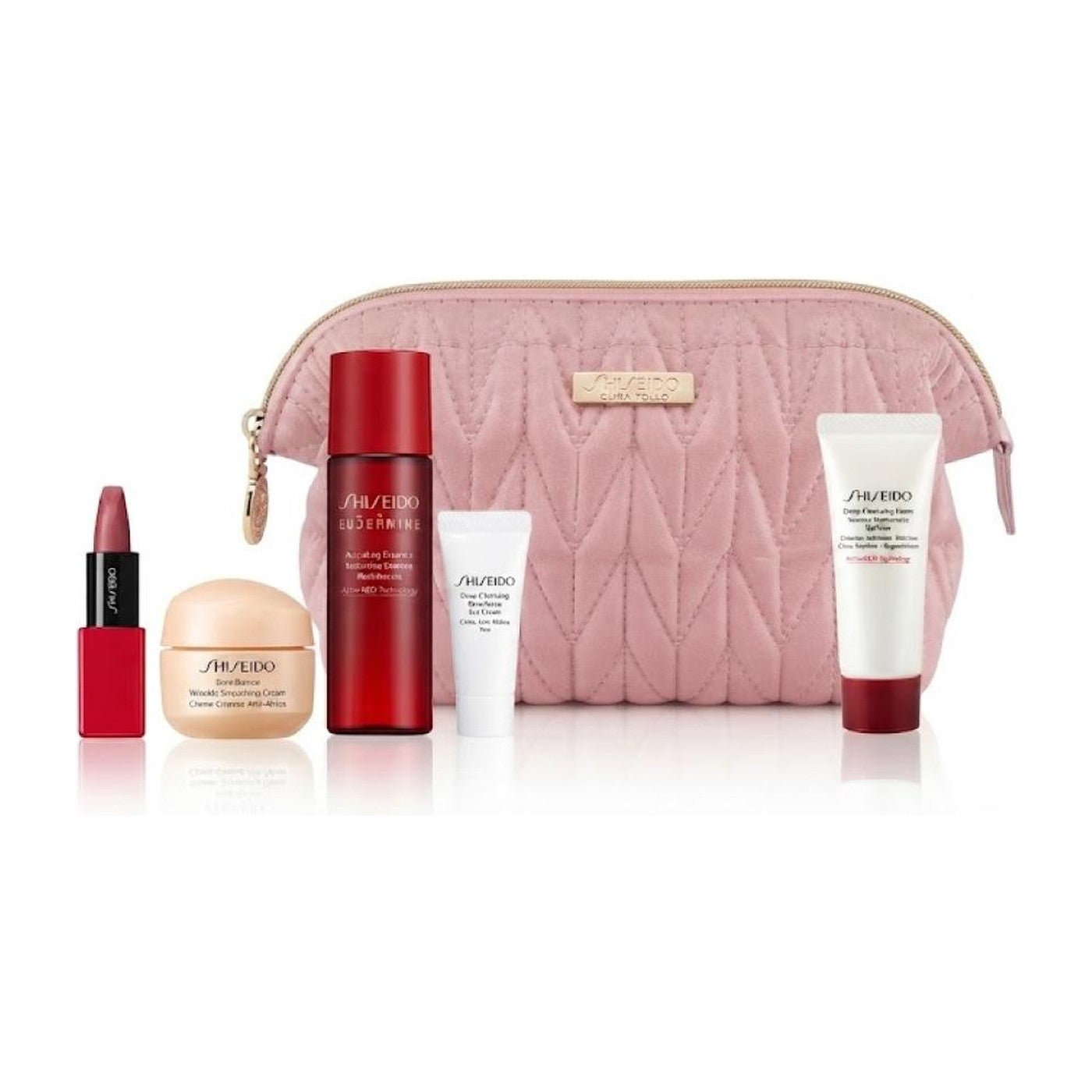 Shiseido pouch set free gift: quilted pink pouch with Eudermine essence, Bio-Performance cream, cleansing foam, eye cream and lipstick